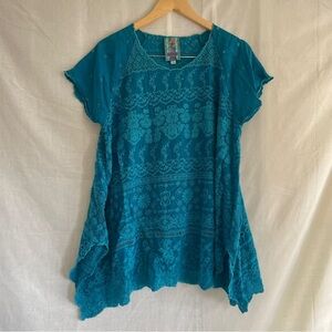 Johnny Was Blue Embroidered Boho Tunic Top | Size S